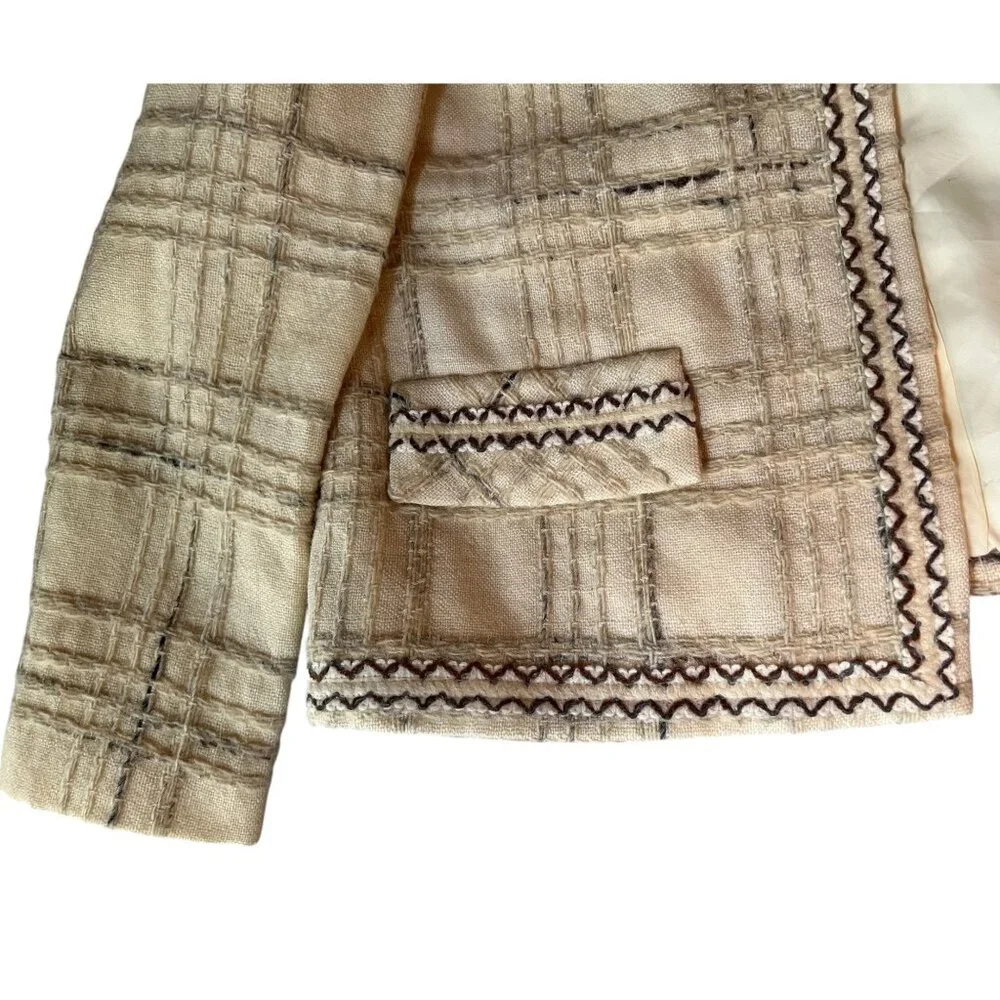 I Magnin & Co Cream & Black Plaid Wool Womens Tweed Blazer Jacket With Front Poc - Picture 8 of 9